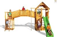 Fungoo Spielturm "Fortress TipTop Rainbow" teak mit 2x Turm, Rutsche, Kletterwand,