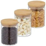 Relaxdays Vorratsgl&auml;ser mit Bambusdeckel, 3er Set, runde Vorratsdosen aus Glas, 650