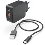 Hama Ladeset, Ladeger&auml;t QC3.0 + USB-C Kabel, 1,5m, schwarz - Schwarz