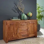 FineBuy Sideboard Sheesham Massivholz 120 cm 2 T&uuml;ren & 3 Schubladen - Massive...