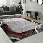 Wohnzimmer Teppich Bord&uuml;re Kurzflor Meliert Modern Hochwertig Grau Schwarz Rot