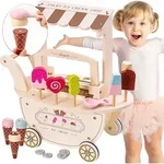 H&ouml;lzerne Eisdiele f&uuml;r Kinder - Wagen auf R&auml;dern mit Zubeh&ouml;r