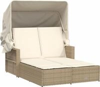 vidaXL Doppel-Sonnenliege mit Dach und Auflagen Beige Poly Rattan