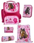 M&auml;dchen Schulranzen 1. Klasse in Rosa mit Pferde Motiv 5 tlg. Schultaschen Set...