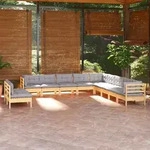 vidaXL 11-tlg. Garten-Lounge-Set mit Grauen Kissen Massivholz Kiefer - Grau