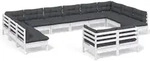 vidaXL 12-tlg. Garten-Lounge-Set mit Kissen Wei&szlig; Kiefer Massivholz - Wei&szlig;