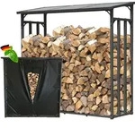 Metall Kaminholzregal Au&szlig;en 143 x 70 x 145 cm Mit Wetterschutz Schwarz, Pro -...