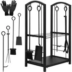 Kaminholzregal & Kaminbesteck 6?tlg. &ndash; Holzst&auml;nder mit Werkzeug & Handschuh