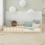 Homestyle4u Kinderbett 90x200 mit Rausfallschutz Natur Bodenbett Montessori Bett