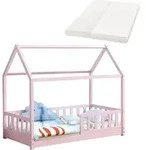 Juskys Kinderbett Marli 80 x 160 cm mit Matratze, Lattenrost & Dach - Holz Rosa -