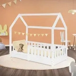 ML-Design Kinderbett 70x140 cm mit Rausfallschutz, Dach und Lattenrost, Wei&szlig;,