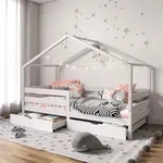 Hausbett ENA, 90 x 190 cm aus Massivholz, Wei&szlig; - Kinderbett in Hausform, mit