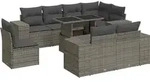 vidaXL 9-tlg. Garten-Sofagarnitur mit Kissen Grau Poly Rattan - Grau