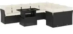 vidaXL 10-tlg. Garten-Sofagarnitur mit Kissen Schwarz Poly Rattan - Schwarz