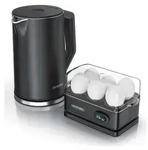 Arendo Fr&uuml;hst&uuml;cks-Set Edelstahl Wasserkocher 1,5l, 6er Eierkocher, Schwarz -