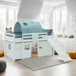 Homestyle4u Hochbett 90x200 Kinder Wei&szlig; Rutsche Vorhang Tunnel gr&uuml;n Kinder