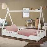 ML-Design Kinderbett Tipi 90x200 cm mit Rausfallschutz und Lattenrost, Wei&szlig;,...