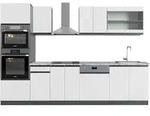 K&uuml;chenzeile Vicco R-Line Wei&szlig; 300 cm J-Shape mit Hochschrank, AP Marmor, Model
