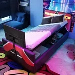 MODFU Kinderbett 90x200 Einzelbett mit Kunstlederbezug in Farbblockoptik,Jugendbett