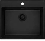 PRIMAGRAN Sp&uuml;lbecken Alles Schwarz 58x50cm, Granitsp&uuml;le 1 Becken + Ablauf-Set,