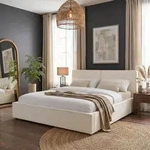 Polsterbett CALM in 160x200 cm in Leinenoptik, Cremewei&szlig; - Doppelbett mit...