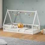 Hausbett NICOLAS 90 x 190 cm wei&szlig; - bodentiefes Kinderbett inkl. beidseitigem