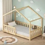 ML-Design Kinderbett Hausbett 80x160 cm Natur, Holzbett mit Rausfallschutz...