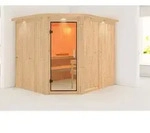 Karibu Sauna Innensauna Malin Eckeinstieg ohne Zubeh&ouml;r 245x210x202 cm mit Dachkranz