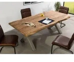 MASSIVMOEBEL24 Baumtisch Sheesham 220x100x77 natur gebeizt / X-Beine silber matt