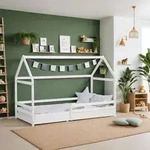 Homestyle4u Kinderbett 90x200 mit Rausfallschutz Hausbett Wei&szlig; Bodenbett mit