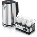 Arendo Fr&uuml;hst&uuml;cks-Set, Wasserkocher 1,5 Liter, 6er Eierkocher, Silber - Silber