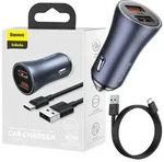 Baseus Schnelles Autoladeger&auml;t 2X Usb 40W + Usb Typ C Kabel Grau - Gr&uuml;n