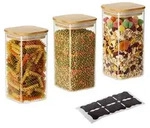 Relaxdays Vorratsgl&auml;ser mit Bambusdeckel, 3er Set, eckige Vorratsdosen aus...