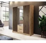 Dreit&uuml;riger Kleiderschrank NELA mit Lamellen 155 cm mit Spiegel, Artisan Eiche...
