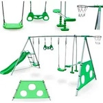 Gro&szlig;er Kinder-Spielplatz mit Schaukel, Rutsche und Basketballkorb, gr&uuml;n -...