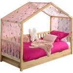 Hausbett Dallas 2 90x200 mit Bettkasten und Voile mit Schmetterlingsmuster -