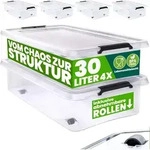 DEUBA&reg; Aufbewahrungsboxen 4 x 30l mit Deckel und Rollen, stapelbar, transparent