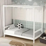 ML-Design Kinderbett Fu&szlig;balltor 80x160 cm, Wei&szlig;, Einzelbett f&uuml;r Kinder,...