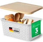 Novaliv 3er Set Aufbewahrungsbox mit Holzdeckel K&uuml;che 5L Wei&szlig; Kunststoff