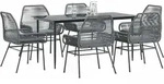vidaXL 7-tlg. Garten-Essgruppe mit Kissen Grau Poly Rattan Glas - Grau