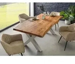 MASSIVMOEBEL24 Baumtisch Akazie 200x100x77 Akazie natur lackiert / X-Beine silber