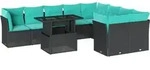 vidaXL 10-teiliges Gartensofa-Set mit Kissen, schwarzes Polyrattan - Schwarz