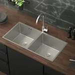 ML-Design Doppel Sp&uuml;lbecken mit Ab- und &Uuml;berlaufgarnitur, Silber, aus Edelstah -