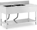 2-Kammer-Becken mit Abtropffl&auml;che und Rand 140 x 60 x 97 cm - Silber