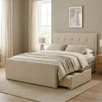 Homestyle4u Polsterbett 140x200 Beige Doppelbett Bettgestell 2 Schubladen -...