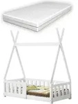 [en.casa] Kinderbett mit Matratze 70x140cm Wei&szlig; mit Rausfallschutz im Tipi...