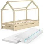 Hausbett Vitalispa Wiki Naturholz 90x200 cm mit G&auml;stebett und 2 Matratzen,...