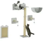 PawHut Katzen Kletterwand 5 tlg. mit Kratzpfosten H&auml;ngematte, Sprungplatt -...