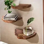 FineBuy Wandregal 3er Set Akazie Vollholz H&auml;ngeregal Baumscheibe Natur
