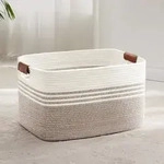 W&auml;schekorb Geflochten Gro&szlig; 72L Baumwollseil Lederhenkel Wei&szlig; Braun 55x43x30cm